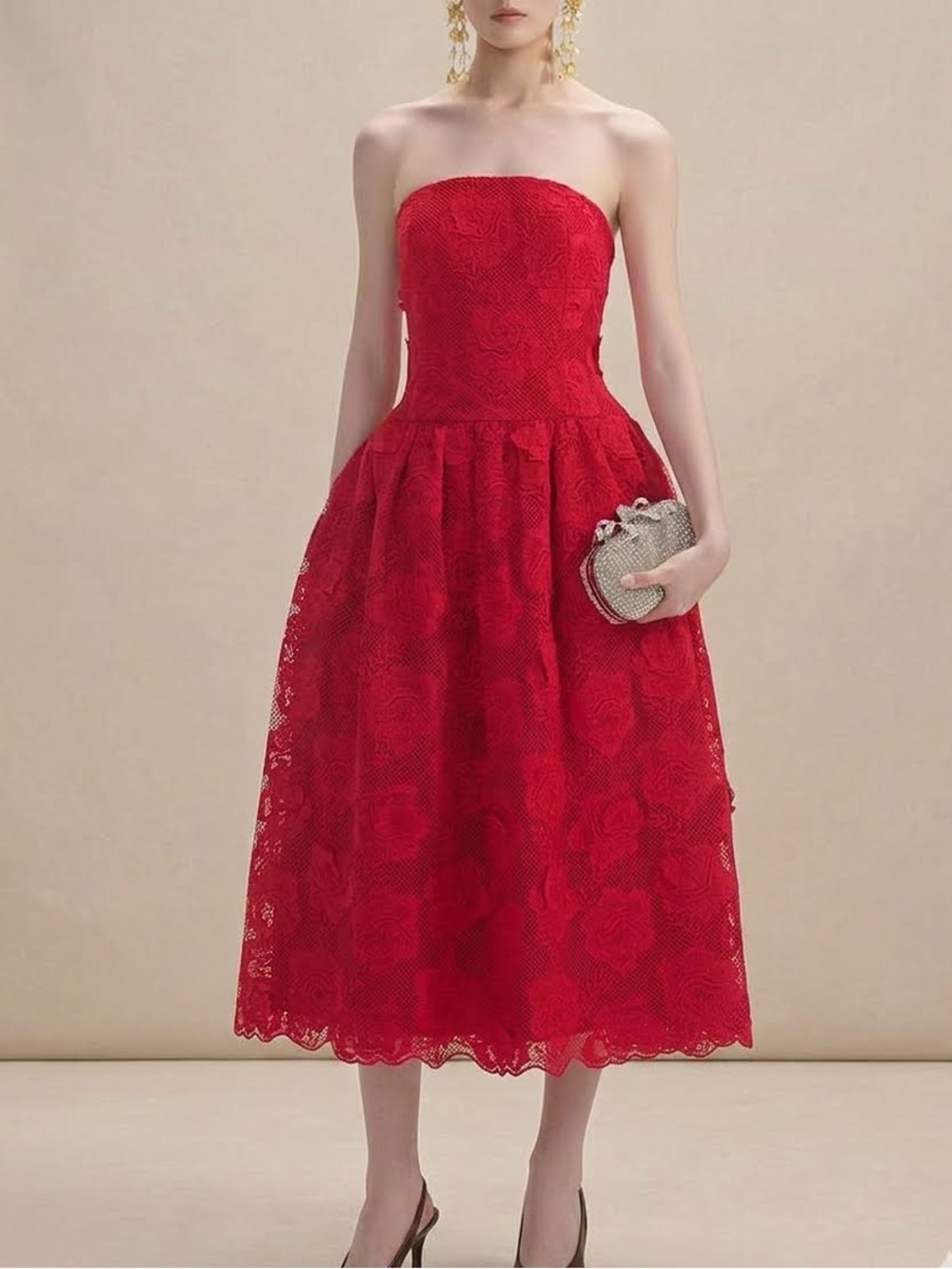 Self-Portrait Strapless Lace Midi Dress Red Rose A-Line Wedding Guest Event 6